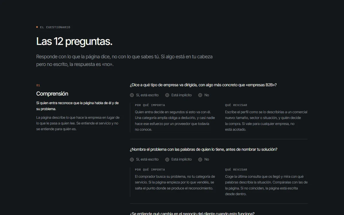 Evaluador de páginas de servicio de elity.agency: preguntas agrupadas por dimensión, con por qué importa cada una y qué revisar.